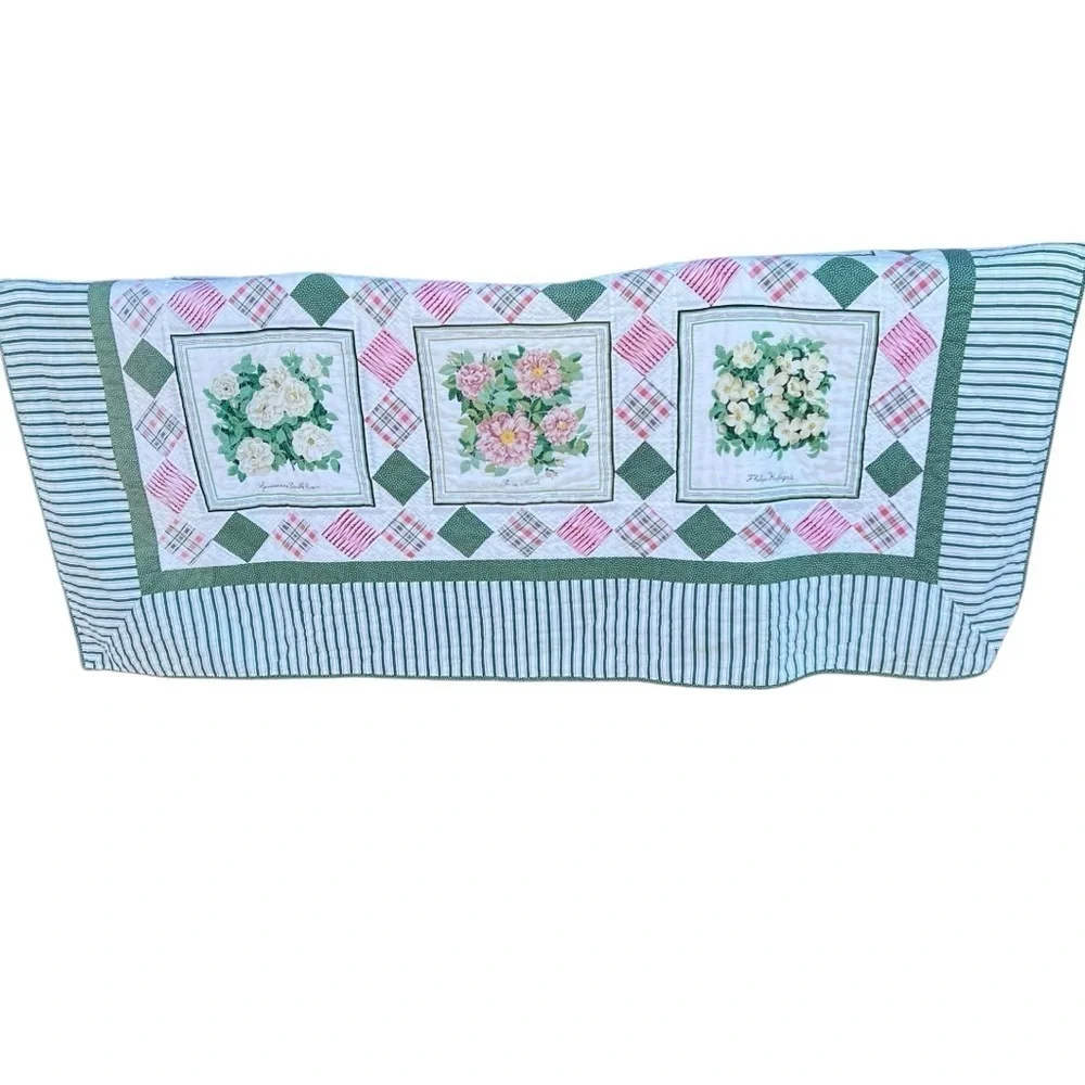VTG Garden Block Quilt Floral Striped Reversible Hand Sewn Pink Green 82x84 FLAW